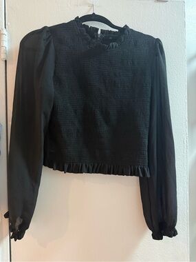 Smocked Black Ruffle-Trim Long Sleeve Blouse